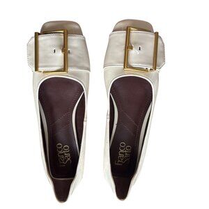 Franco Sarto Cream Patent Leather Buckle Flats With Square Toe & Low Heel Womens